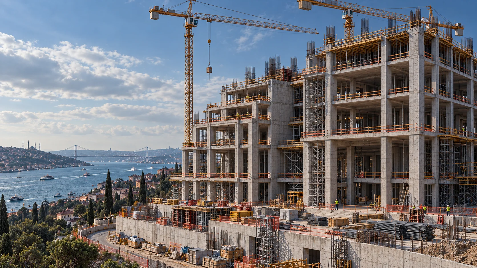 Illustrative concrete structural frame and tower cranes