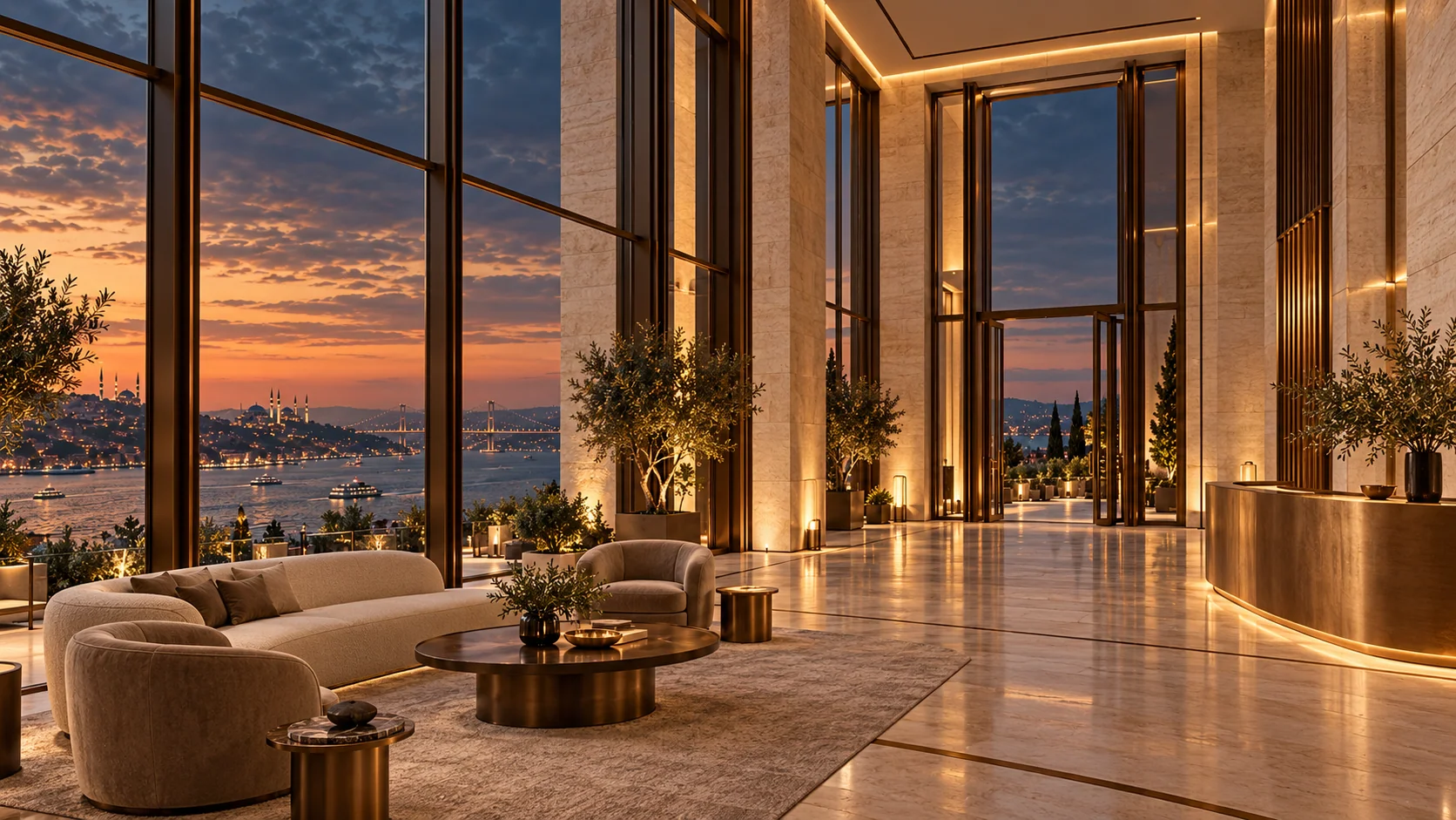 Illustrative interior with warm stone and bronze details