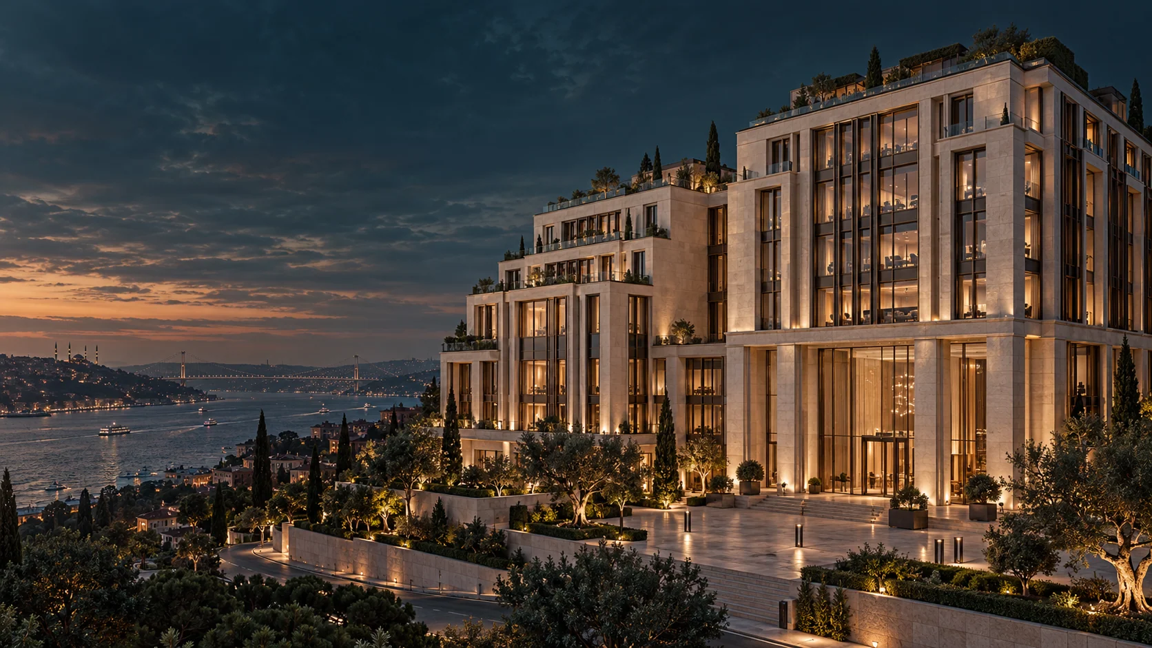 Large-scale stone and glass architecture concept overlooking the Bosphorus
